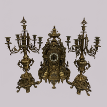 Load image into Gallery viewer, Brass Mantle Clock and Candlestick Set