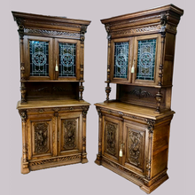 Load image into Gallery viewer, Pair of Arts and Crafts Antique Oak Stain Glass Cabinet Bookcases