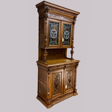 Load image into Gallery viewer, Pair of Arts and Crafts Antique Oak Stain Glass Cabinet Bookcases