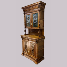 Load image into Gallery viewer, Pair of Arts and Crafts Antique Oak Stain Glass Cabinet Bookcases