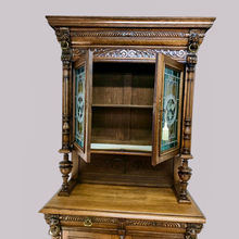 Load image into Gallery viewer, Pair of Arts and Crafts Antique Oak Stain Glass Cabinet Bookcases