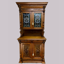 Load image into Gallery viewer, Pair of Arts and Crafts Antique Oak Stain Glass Cabinet Bookcases