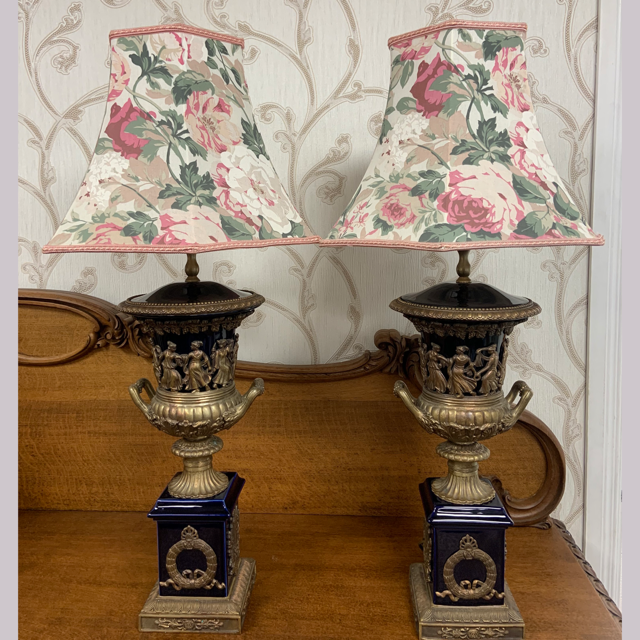 Pair of Ormolu Mounted Urn Formed Fired Blue Earthenware Table Lamps,