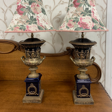 Load image into Gallery viewer, Pair of Ormolu Mounted Urn Formed Fired Blue Earthenware Table Lamps,
