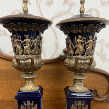 Load image into Gallery viewer, Pair of Ormolu Mounted Urn Formed Fired Blue Earthenware Table Lamps,
