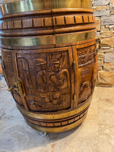Load image into Gallery viewer, Carved Oak and Brass Barrel Drinks Cabinet
