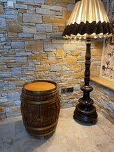 Load image into Gallery viewer, Carved Oak and Brass Barrel Drinks Cabinet
