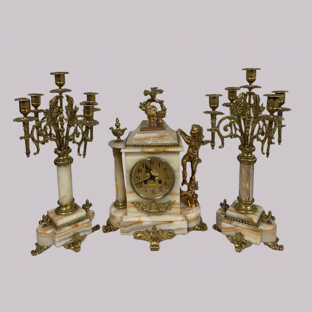 Marble Mantlepiece Set with Clock and Candlesticks