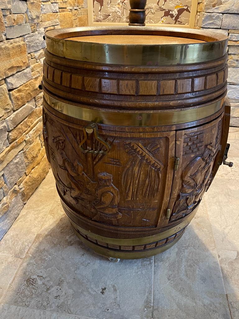 Carved Oak and Brass Barrel Drinks Cabinet