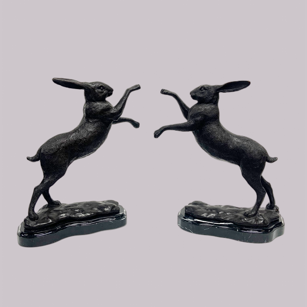 Bronze Boxing Hares Sculpture Pair