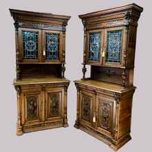 Load image into Gallery viewer, Pair of Arts and Crafts Antique Oak Stain Glass Cabinet Bookcases
