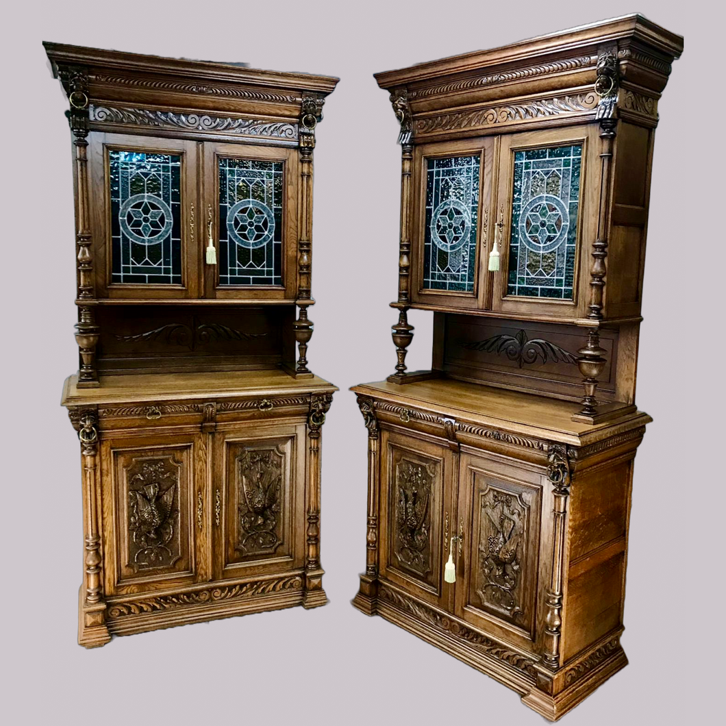 Pair of Arts and Crafts Antique Oak Stain Glass Cabinet Bookcases