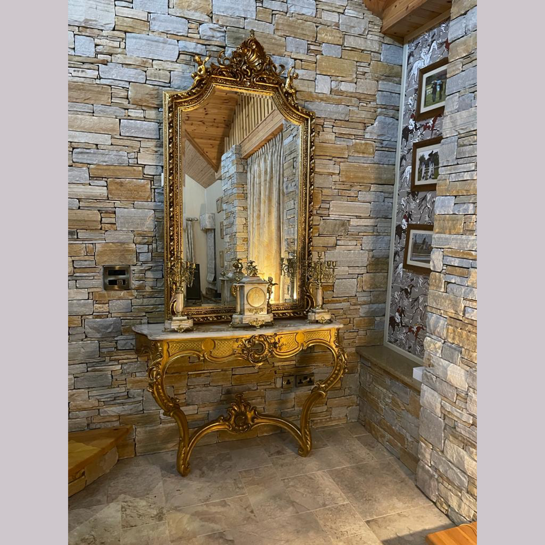 Mirror Back Marble And Brass Console With Over Mirror