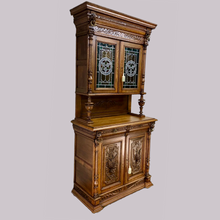 Load image into Gallery viewer, Pair of Arts and Crafts Antique Oak Stain Glass Cabinet Bookcases
