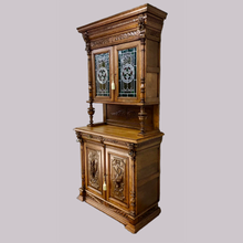 Load image into Gallery viewer, Pair of Arts and Crafts Antique Oak Stain Glass Cabinet Bookcases
