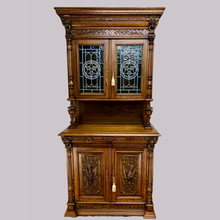 Load image into Gallery viewer, Pair of Arts and Crafts Antique Oak Stain Glass Cabinet Bookcases
